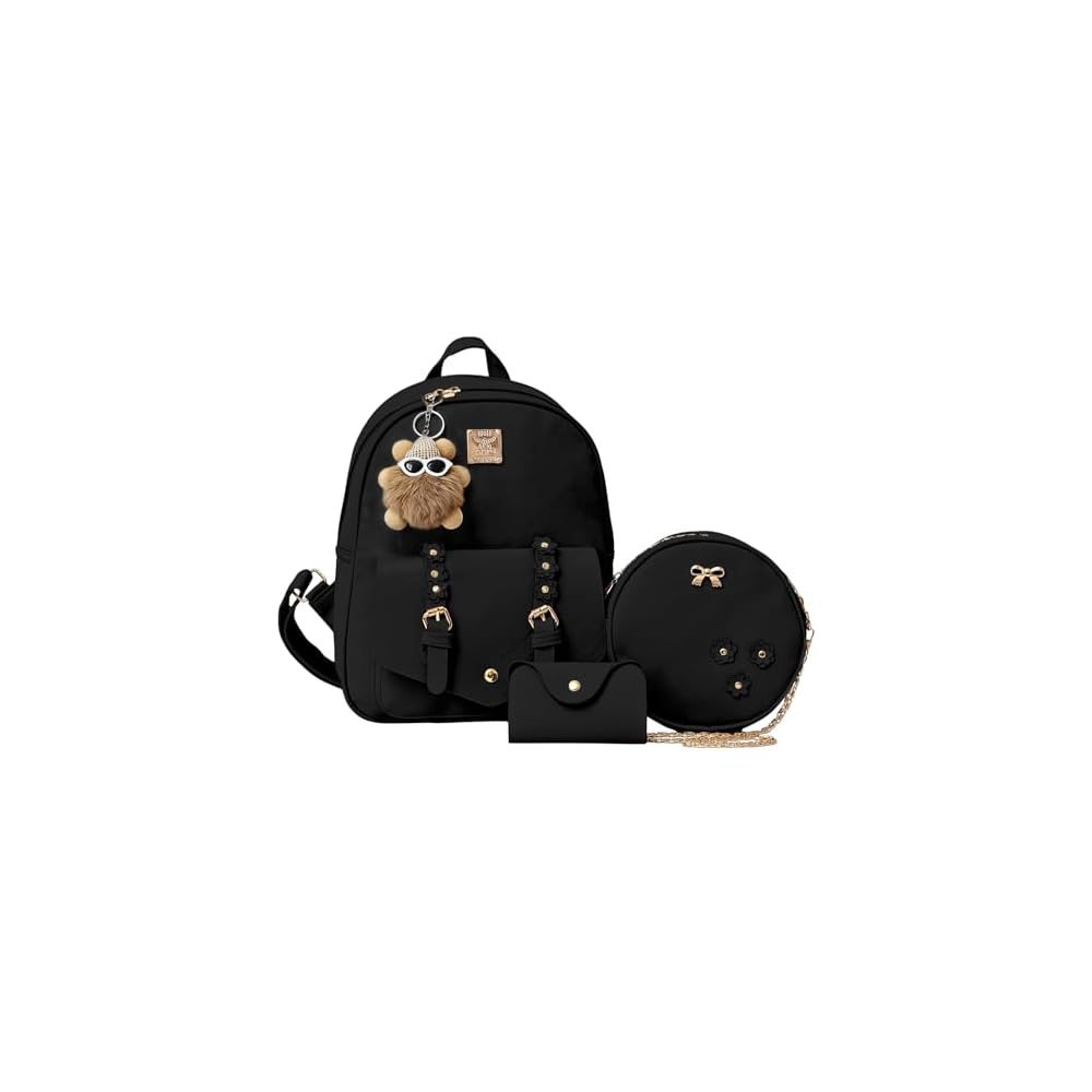 Leather Mini Backpack Purse For Women 3-Piece Set Floral Cute Small Casual Travel School Daypacks Little Wallet Bag(Black)